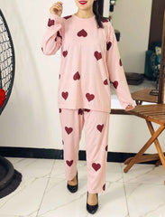 Women's Sweetheart Print 2-Piece Pajama Set – Pink Long Sleeve Top & Lounge Trouser