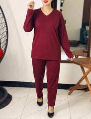 Women’s Classic V-Neck Maroon 2-Piece Pajama & T-Shirt Set