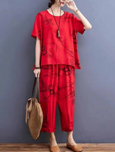 Premium Women's Casual Red Two-Piece Loungewear Set – Abstract Print T-Shirt & Cropped Pajama