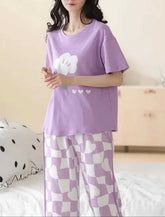 Premium Women's 2-Piece Lavender Graphic Tee & Heart Check Sleepwear Set