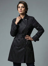 1695 Black Women's Long Coat with Inner Fleece | Soft Warm Winter Pakistan - velnoor