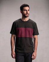 Premium Textured Color-Block Crew Neck T-Shirt – Black & Maroon