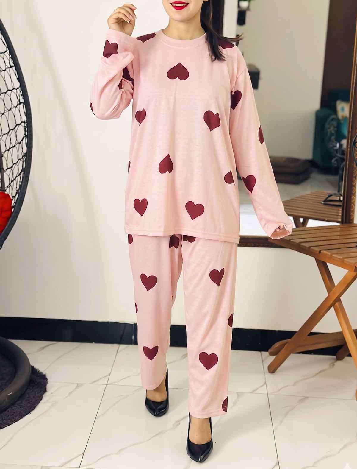 Women's Sweetheart Print 2-Piece Pajama Set – Pink Long Sleeve Top & Lounge Trouser