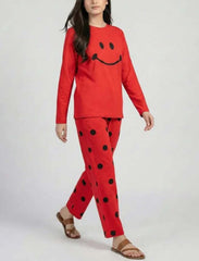 Premium Women’s Smiley Face Full Sleeve T-Shirt & Black Polka Dot Pajama Nightwear Set
