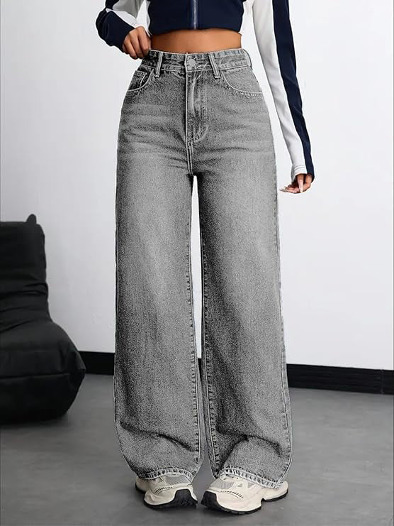 Charcoal Wide Leg Denim Jeans  For Women/Girls/Female Export Quality Fashion Baggy Jeans