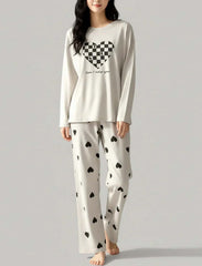 Premium Heart Print Long Sleeve Pajama Set for Women