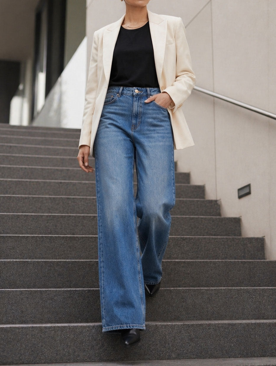 Baggy Jeans Mid Blue Wide Leg Denim Jeans  For Women/Girls/Female Export Quality