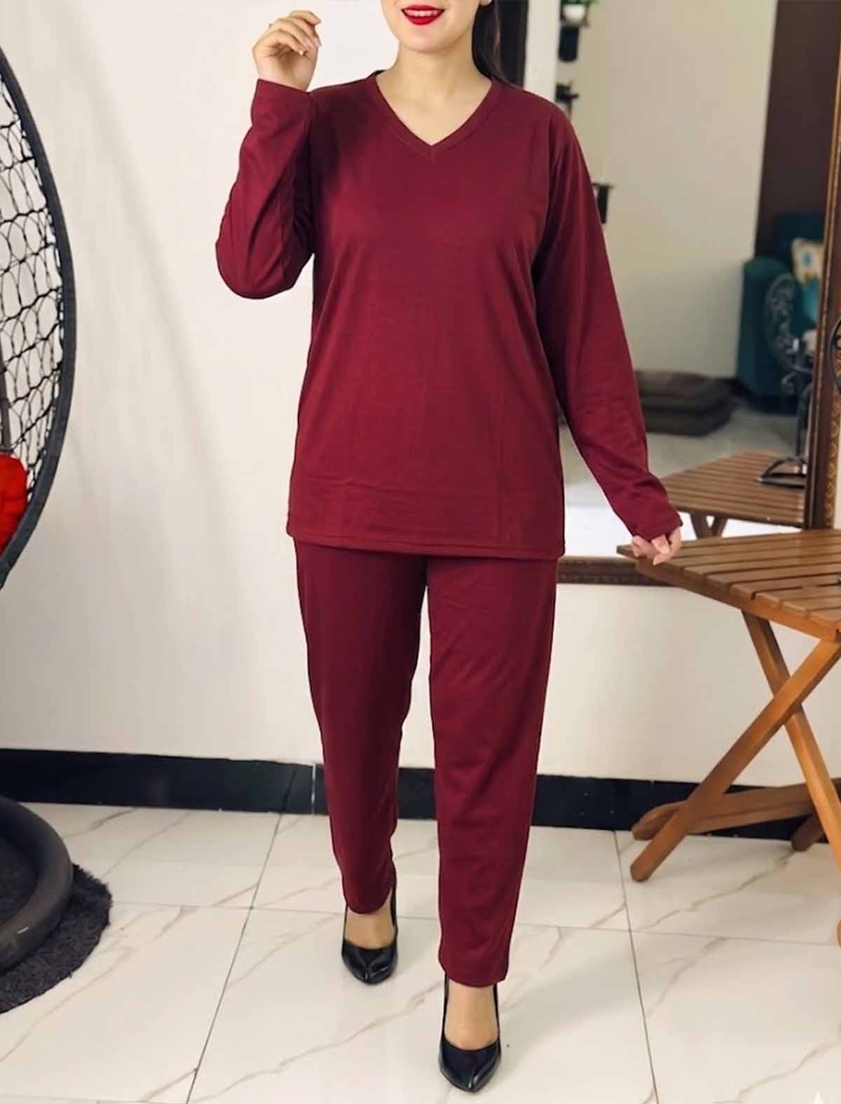 Women’s Classic V-Neck Maroon 2-Piece Pajama & T-Shirt Set