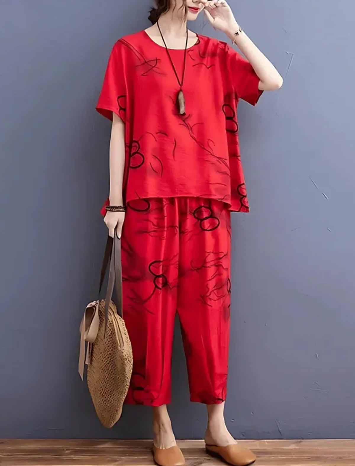 Premium Women's Casual Red Two-Piece Loungewear Set – Abstract Print T-Shirt & Cropped Pajama