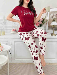 Premium Butterfly Printed Women’s Pajama & T-Shirt Night Suit Set