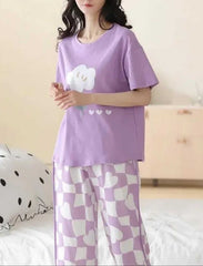 Premium Women's 2-Piece Lavender Graphic Tee & Heart Check Sleepwear Set