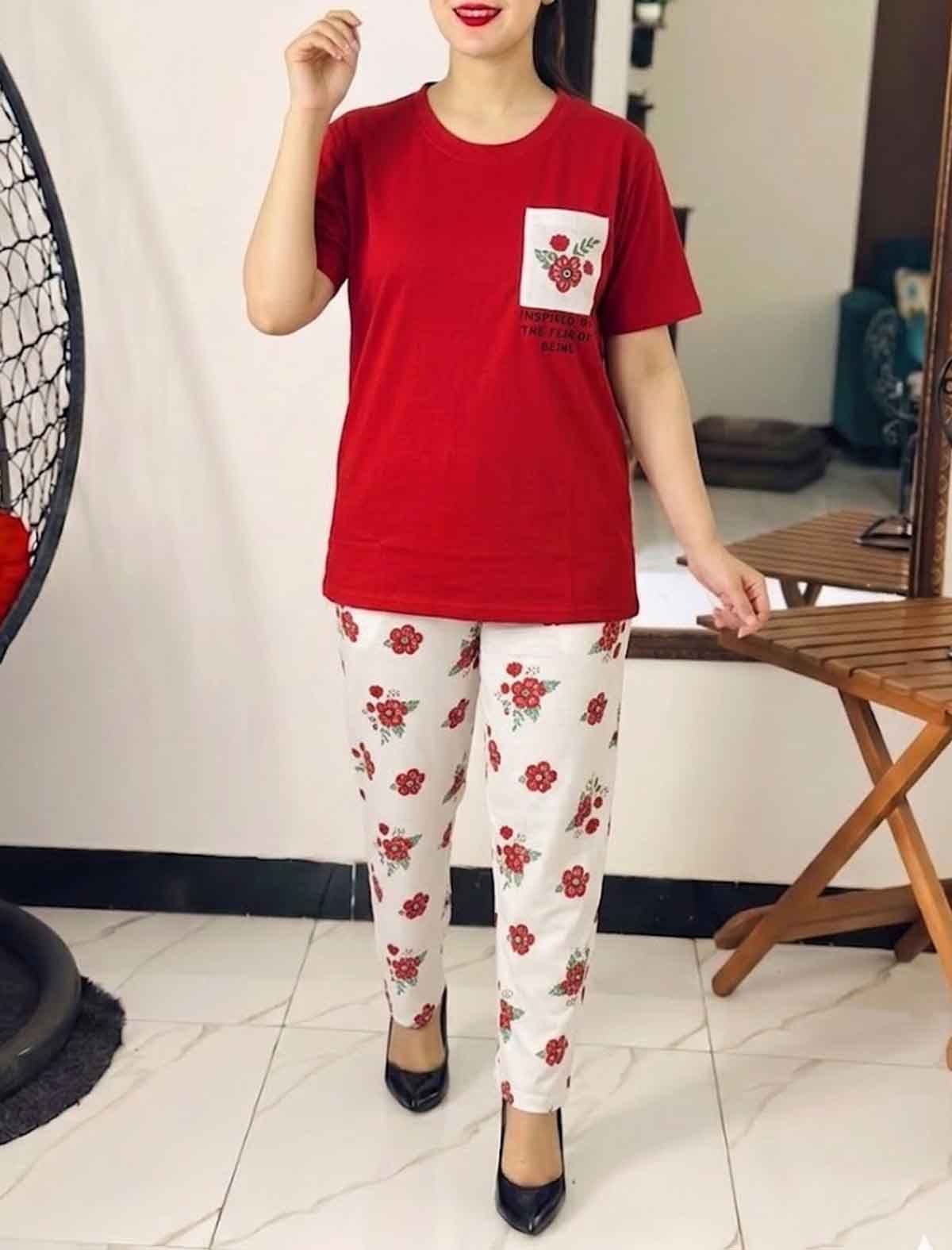 Women’s Vibrant Red T-Shirt with Floral pocket & Pajama Set