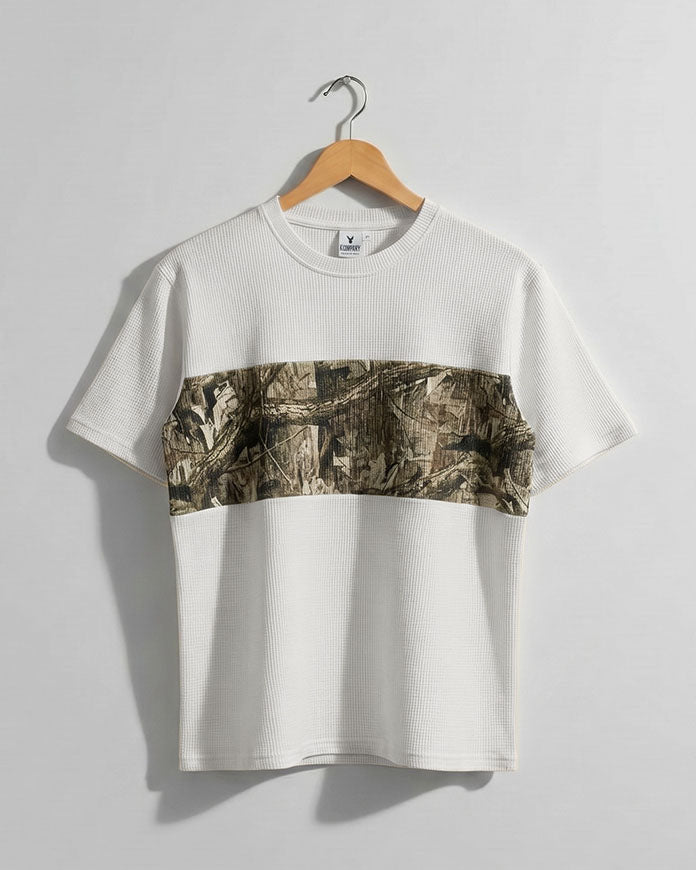 Premium Urban Texture Panel T-Shirt – White & Camo Style