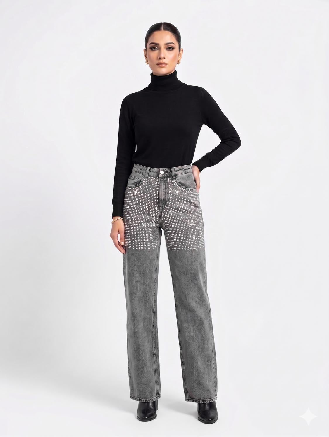 Baggy Jeans Luxury Half Rhinestone Wide Leg Denim Jeans For Women/Girls/Female Export Quality