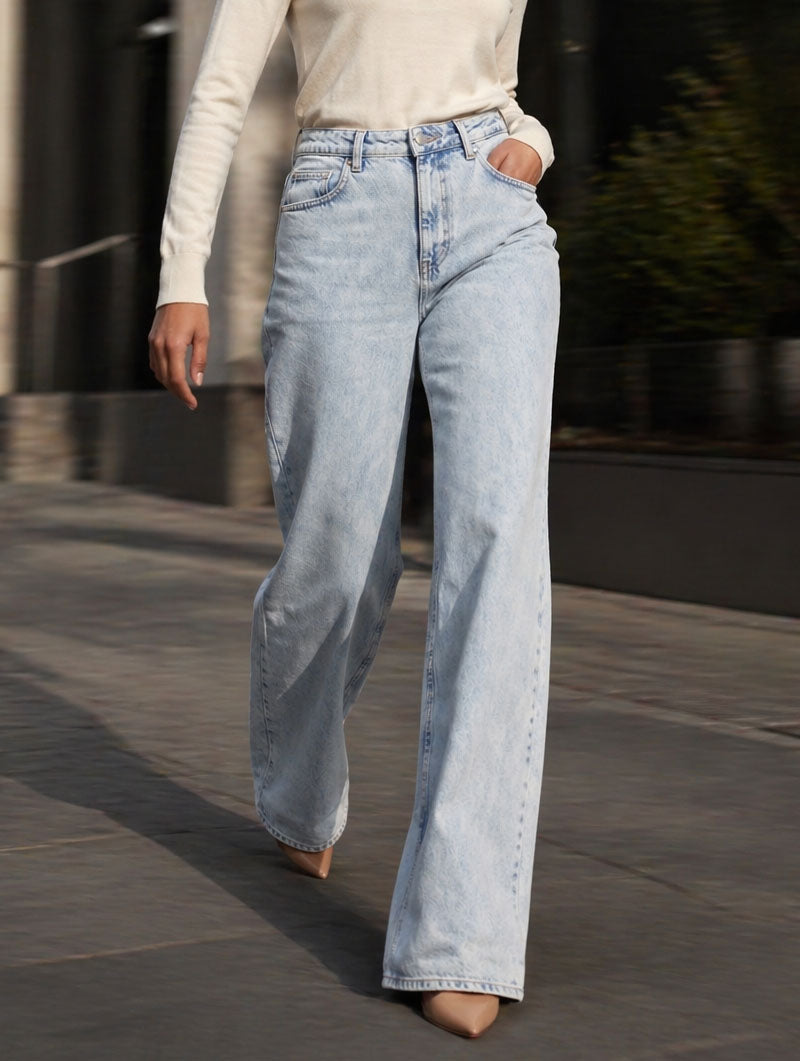 Fashion Baggy Jeans Ice Blue Wide Leg Denim Jeans  For Women/Girls/Female Export Quality