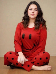 Premium Women’s Smiley Face Full Sleeve T-Shirt & Black Polka Dot Pajama Nightwear Set