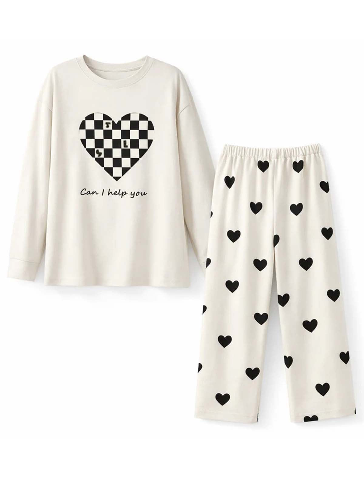Premium Heart Print Long Sleeve Pajama Set for Women