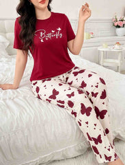 Premium Butterfly Printed Women’s Pajama & T-Shirt Night Suit Set