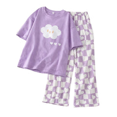 Premium Women's 2-Piece Lavender Graphic Tee & Heart Check Sleepwear Set