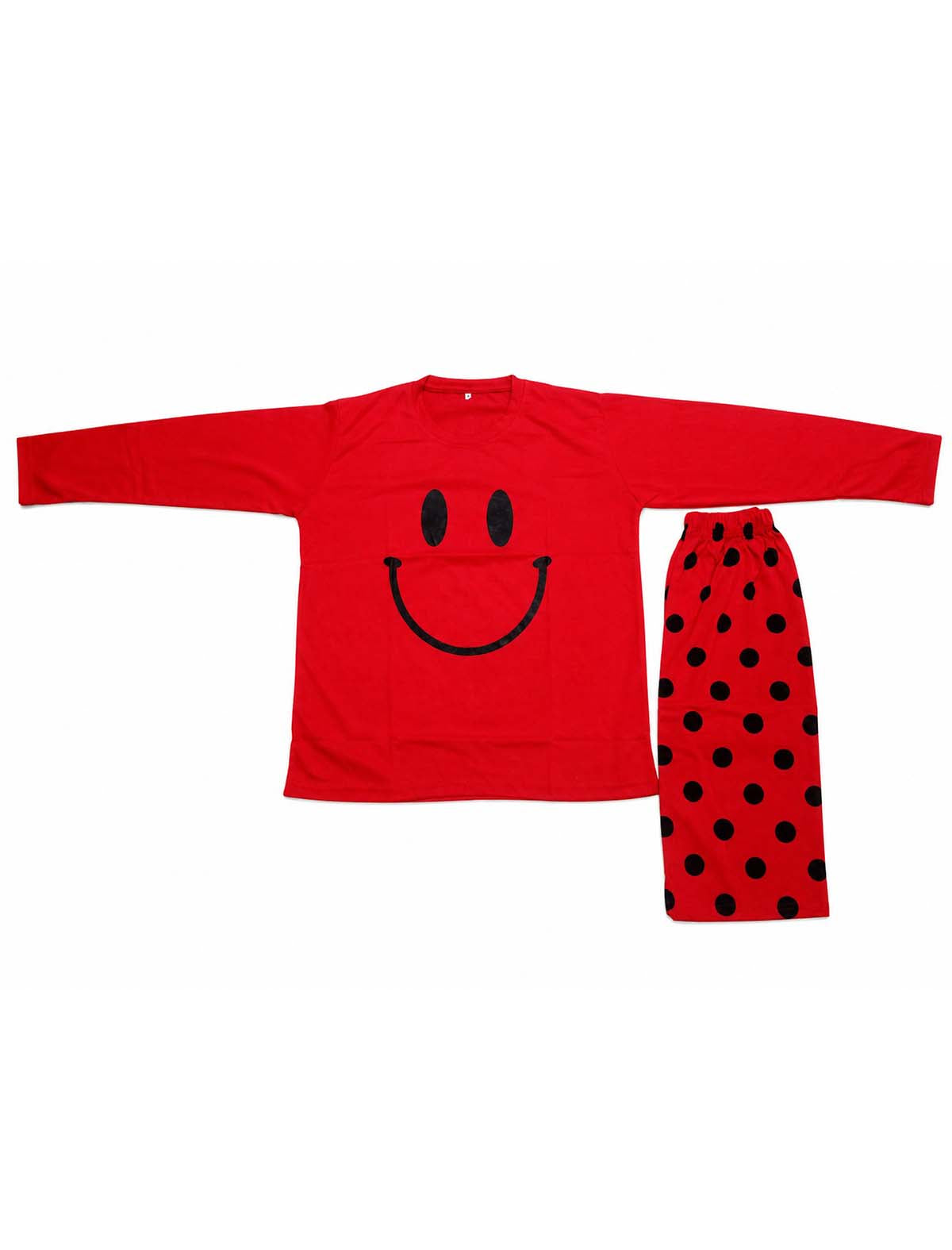 Premium Women’s Smiley Face Full Sleeve T-Shirt & Black Polka Dot Pajama Nightwear Set