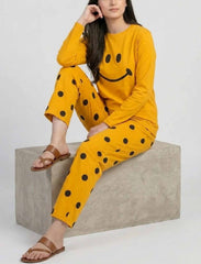 Premium Women’s Smiley Face Full Sleeve T-Shirt & Black Polka Dot Pajama Nightwear Set