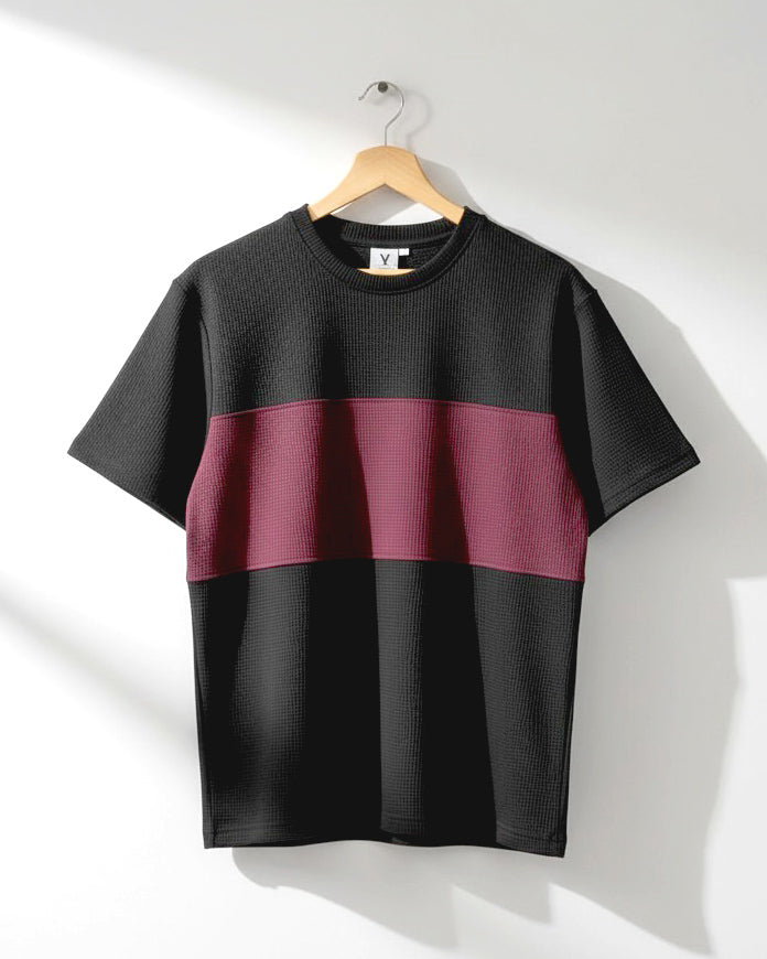 Premium Textured Color-Block Crew Neck T-Shirt – Black & Maroon
