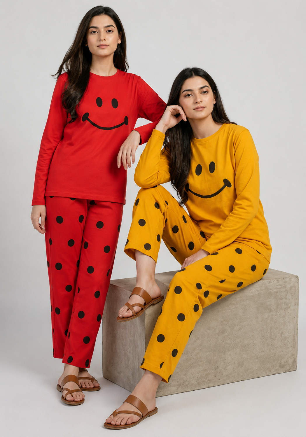 Premium Women’s Smiley Face Full Sleeve T-Shirt & Black Polka Dot Pajama Nightwear Set
