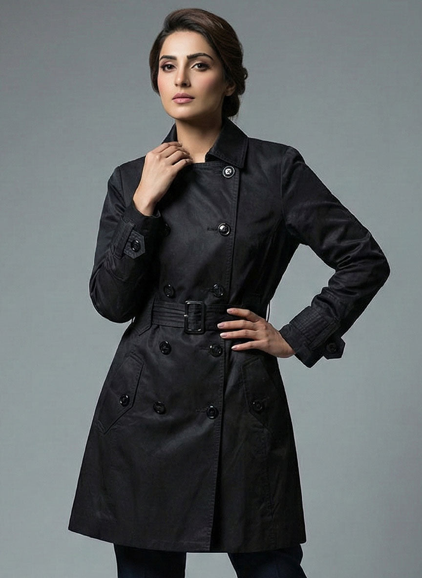 1695 Black Women's Long Coat with Inner Fleece | Soft Warm Winter Pakistan - velnoor