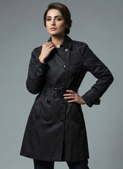 1695 Black Women's Long Coat with Inner Fleece | Soft Warm Winter Pakistan - velnoor