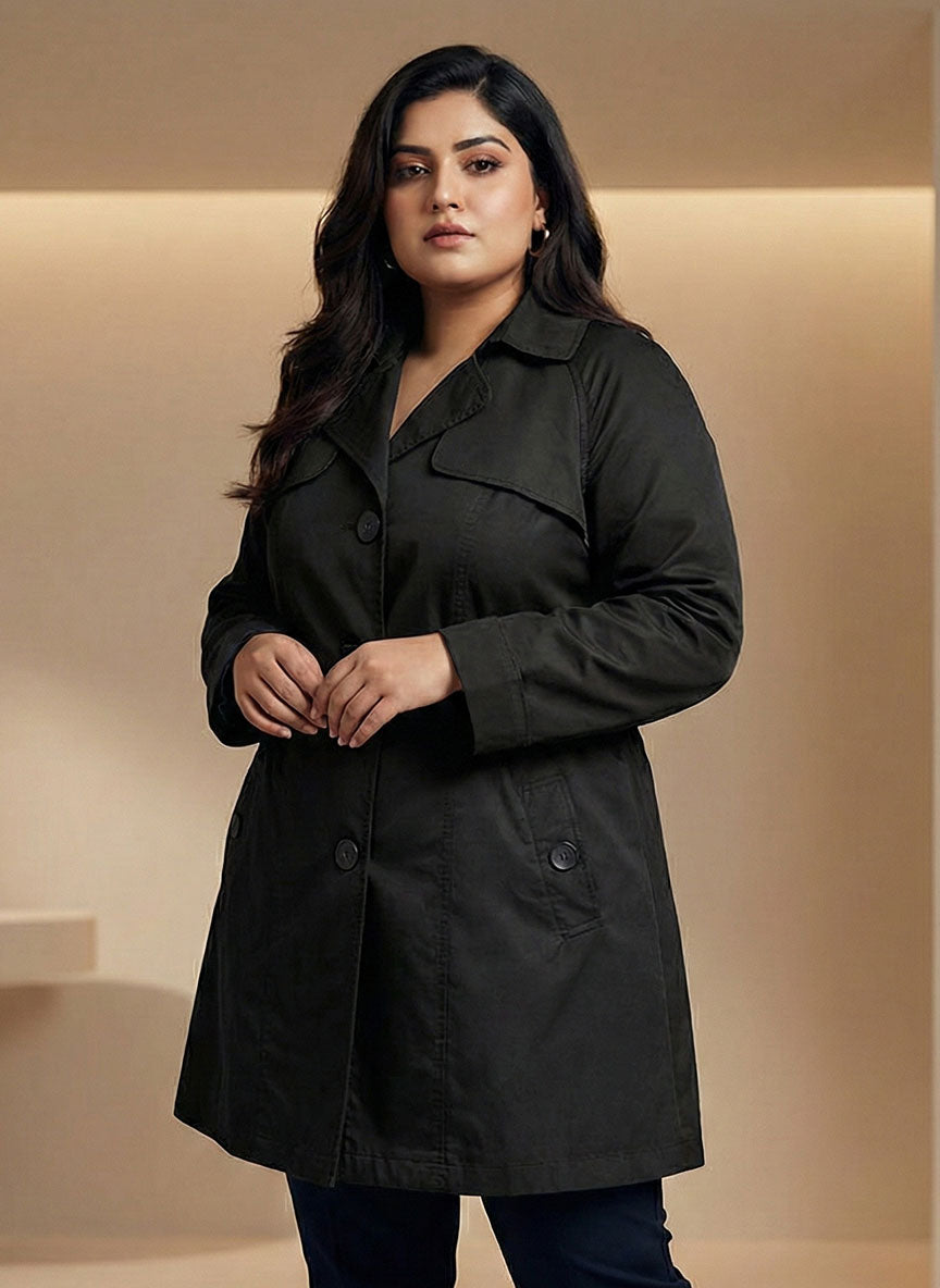 1696 Black Women's Long Coat with Inner Fleece | Soft Warm Winter Pakistan - velnoor