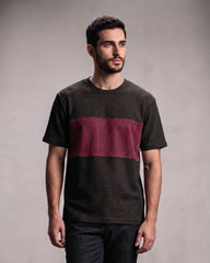 Premium Textured Color-Block Crew Neck T-Shirt – Black & Maroon